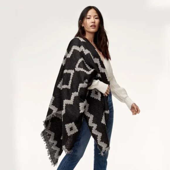 Aritzia Jackets & Blazers - Aritzia Wilfred - Reversible Black Grey Diamond Aztec Wool Scarf with Fringe